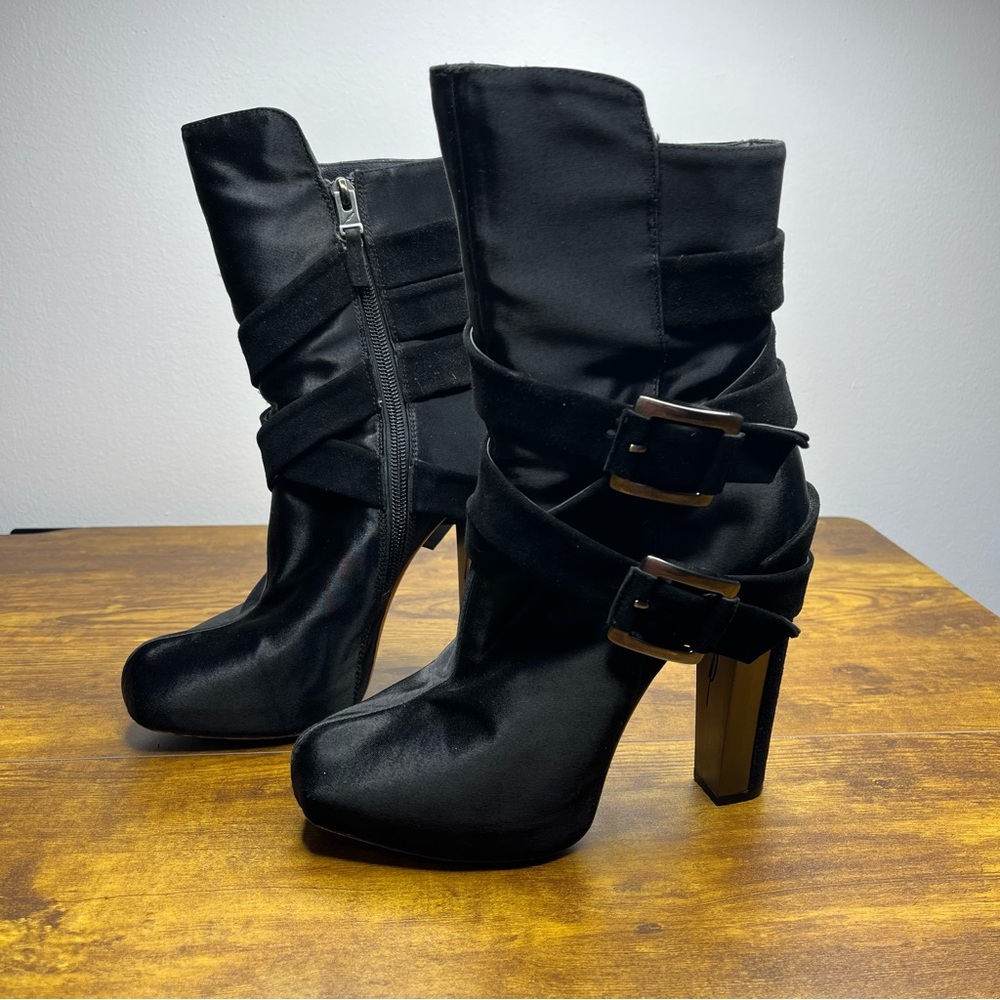 Brian Atwood Satin Buckle Heel Boots